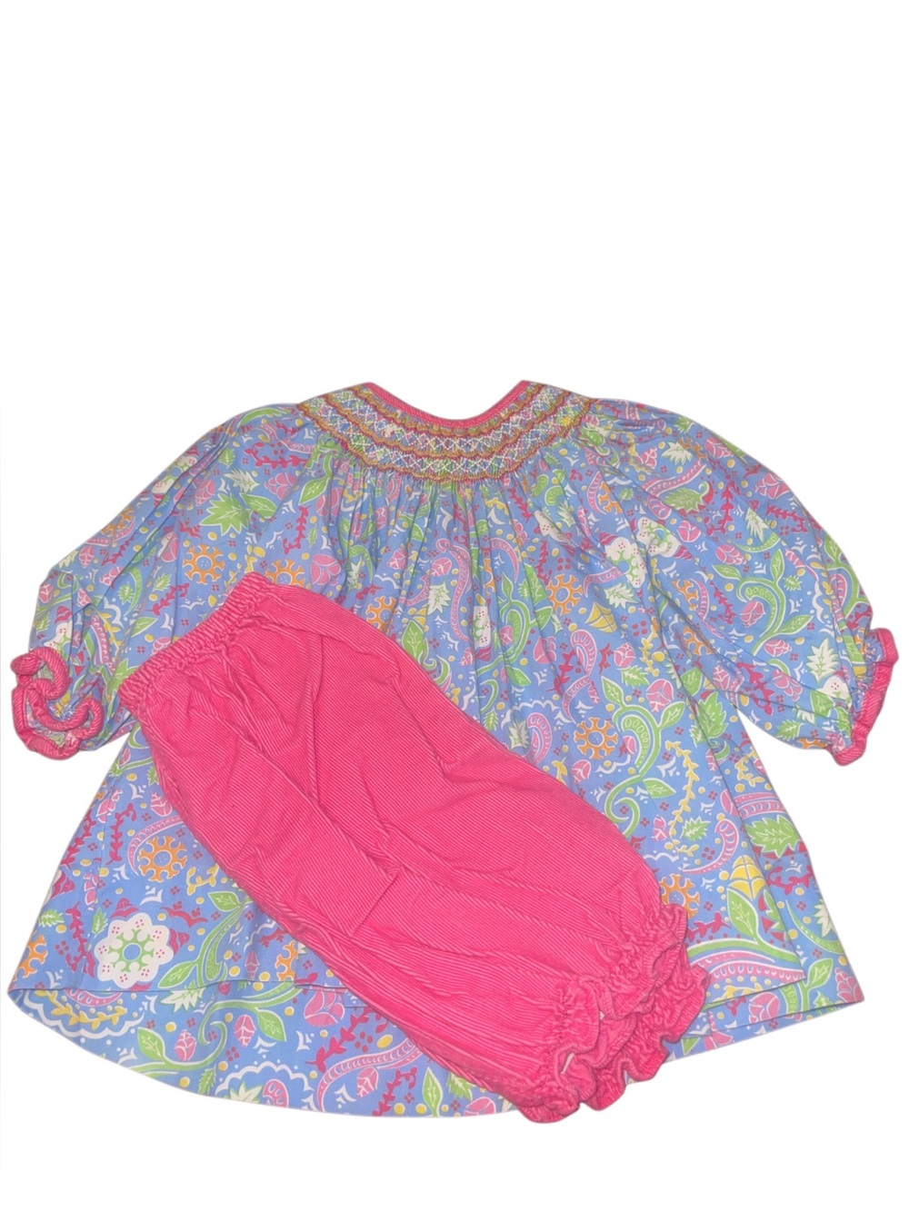 Petit Ami Pink & Blue Paisley Smocked Matching Set